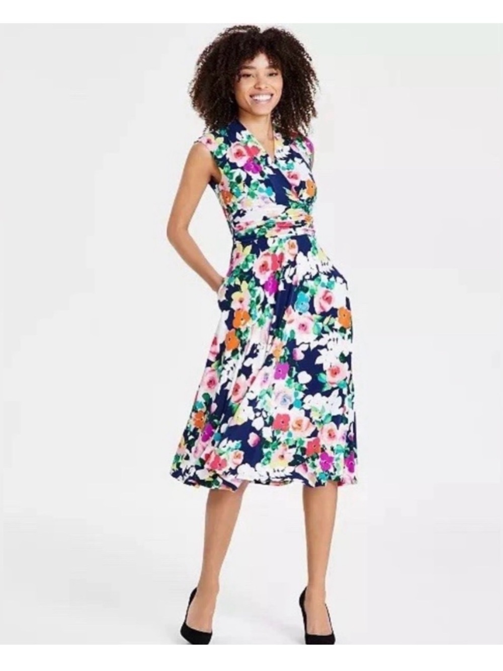 Jessica Howard Navy Floral Pleated V-Neck Dress